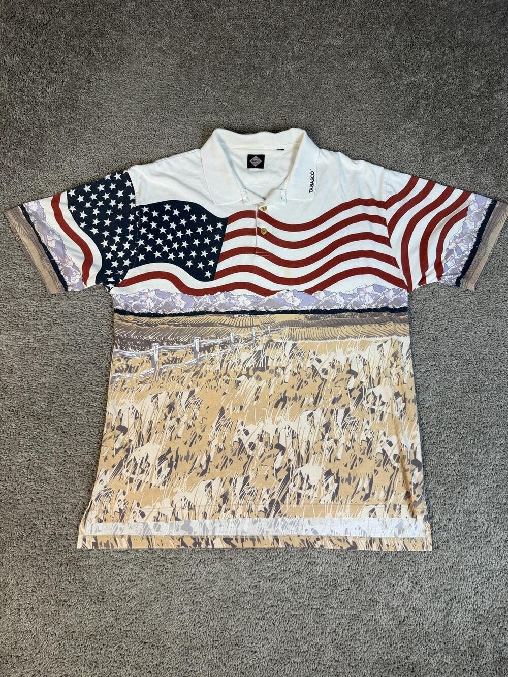 Tabasco Polo Shirt Mens XL AOP Western Wheat Field USA Flag Golf Short Sleeve